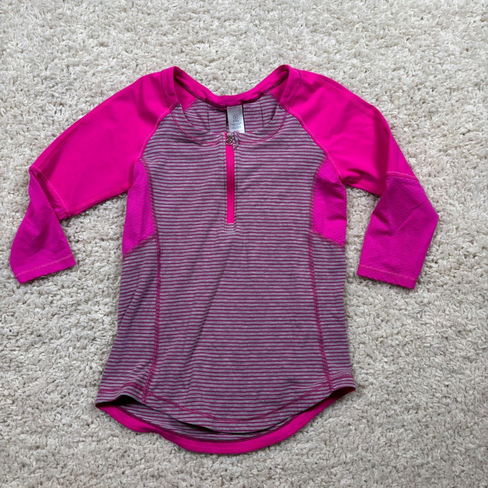 Ivivva Girls Size 6 Pink Gray Stripe Quarter Zip Athletic Top Shirt